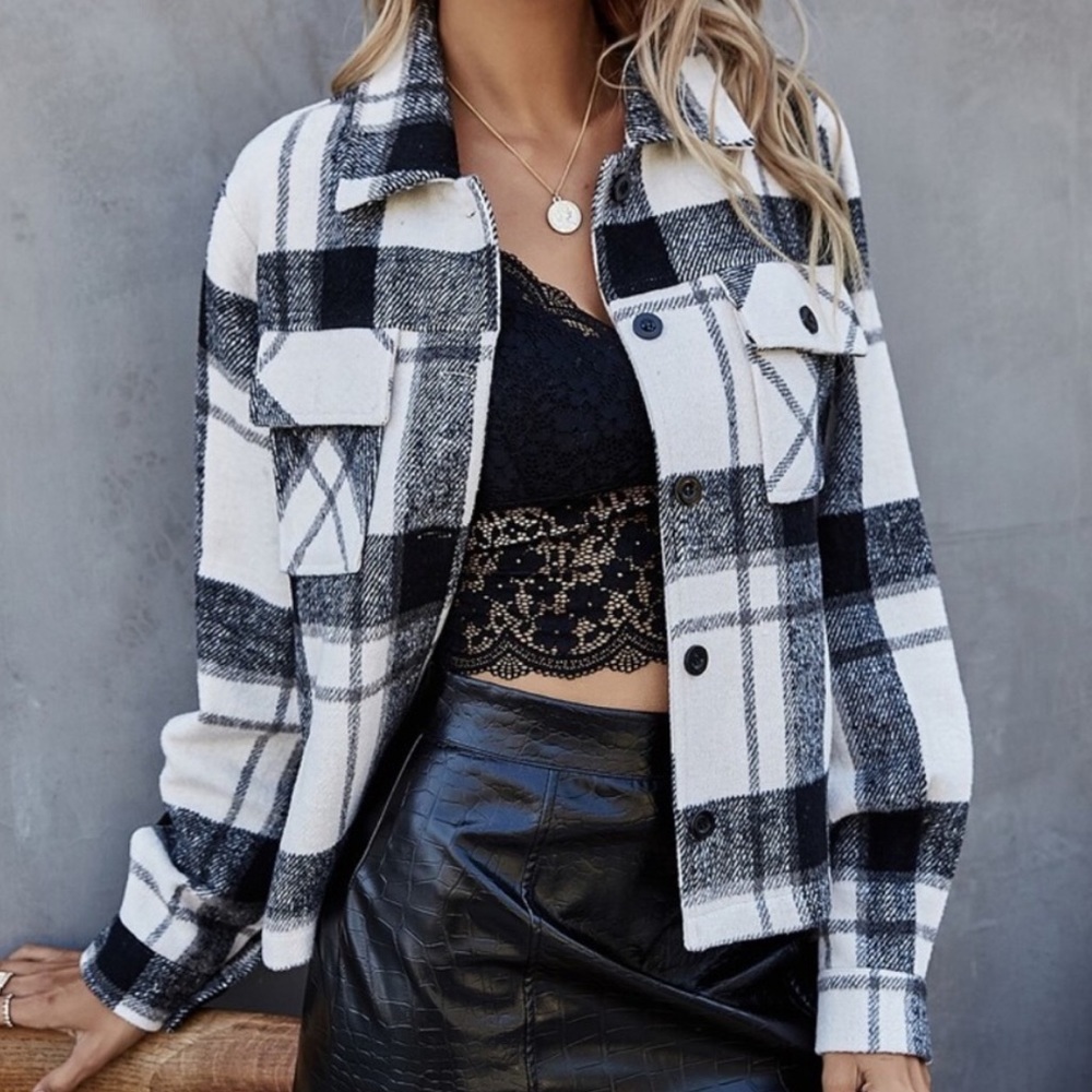 Boho plaid blue  oversized pocket detail button up jacket shachet - Picture 2 of 8